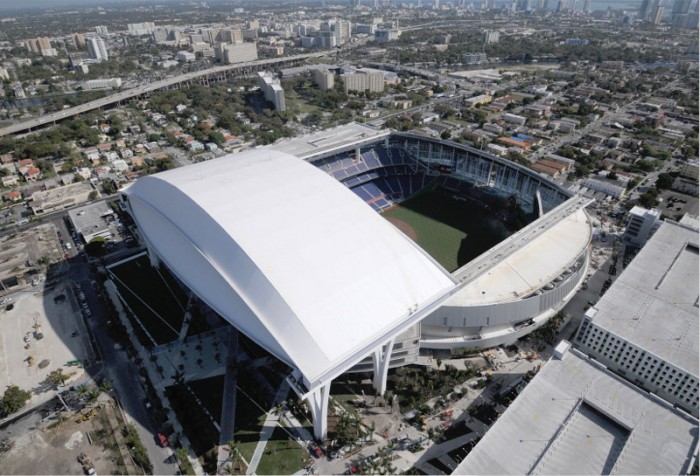 MIAMI, FL - APRIL 9: View Of The New Marlins Park, Construction Of The  Stadium Was Completed In March 2012, Just In Time For Major League Baseball  Season, It Features A Retractable Roof And Seats 37,442. Taken April 9  2012. Stock Photo, Picture